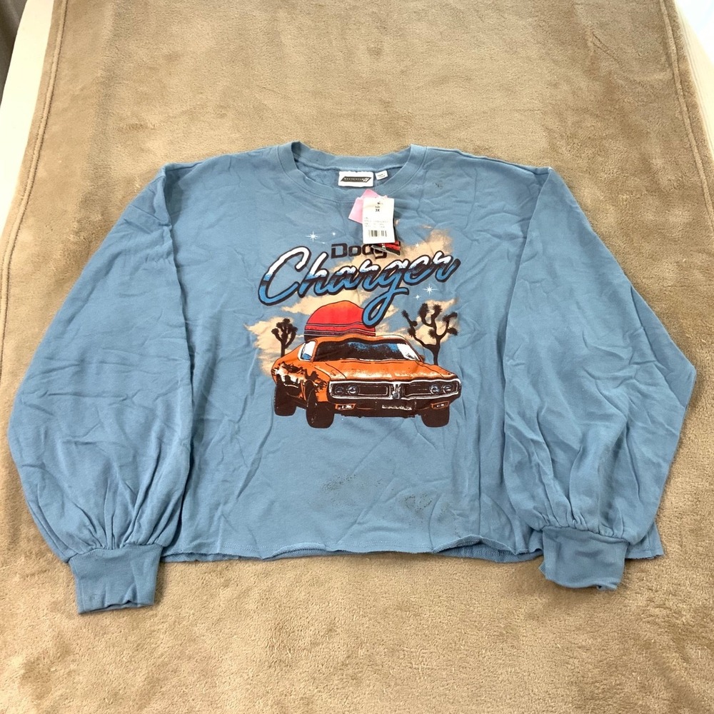 Vintage‎ Dodge Charger Cropped Sweater Women 3X Blue Graphic Frayed NEW Defect